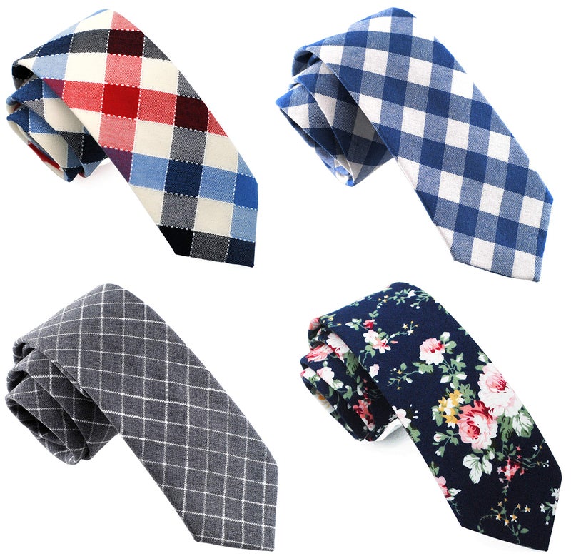ZENXUS Cotton Skinny Ties for Men, 2.5 inch Slim Casual Neckties, Plaid, Stripe, Floral and Solid Ties Assorted, 4-Pack - Image 1